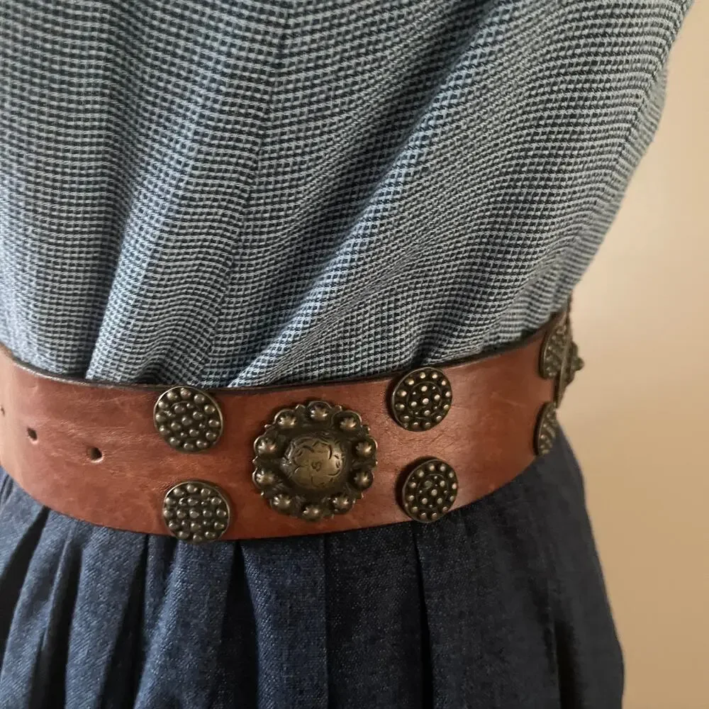 Dolce & Gabbana Archival Leather Belt Vintage Brass Studded Medallion Boho 70 28